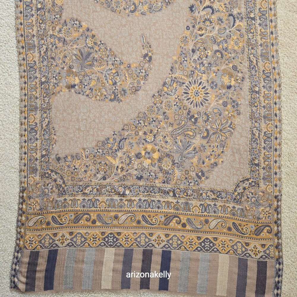 NWOT Cashmere Jacquard Lightweight Jamawar Shawl Scarf Yellow Blue - Picture 2 of 16